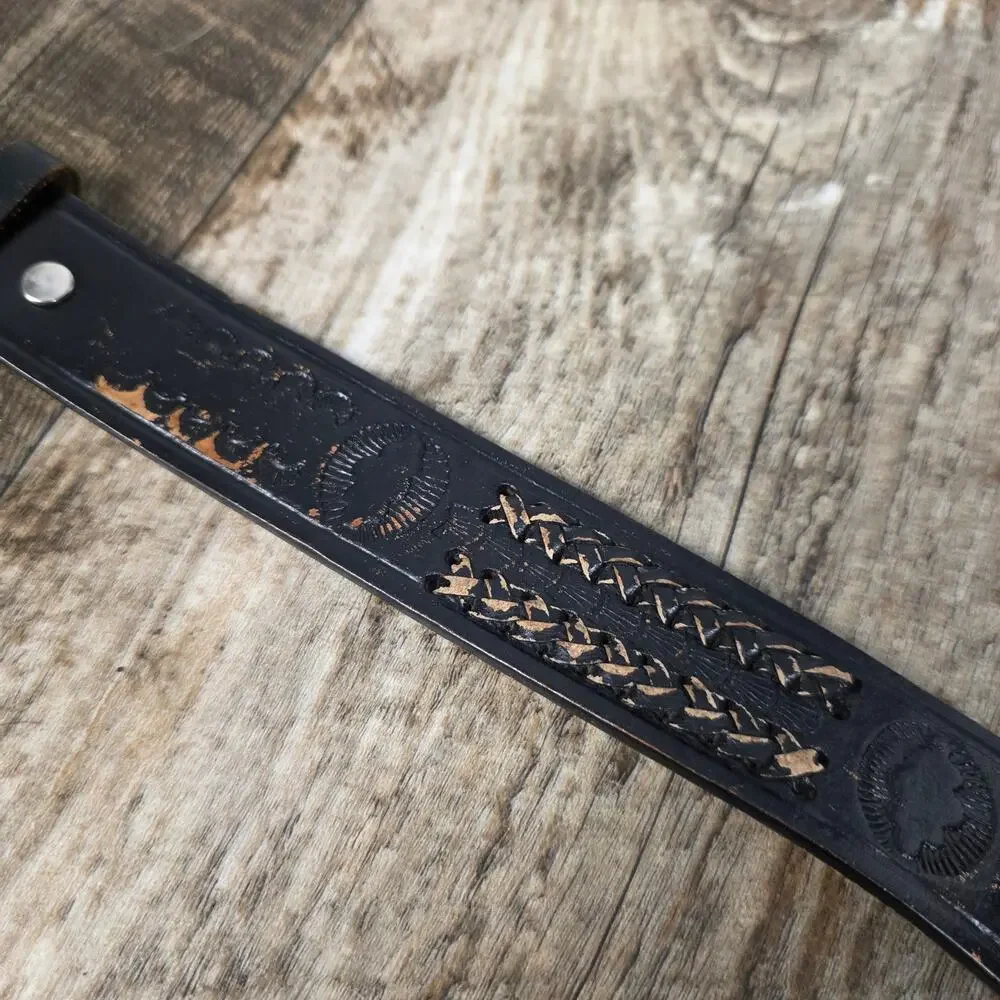 Cindilo Mexico Black Tooled Leather Western Belt Braided Cowboy 42 Distressed
